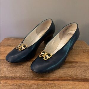 Salvatore Ferragamo Black Leather Heels with Gold Bow Trim